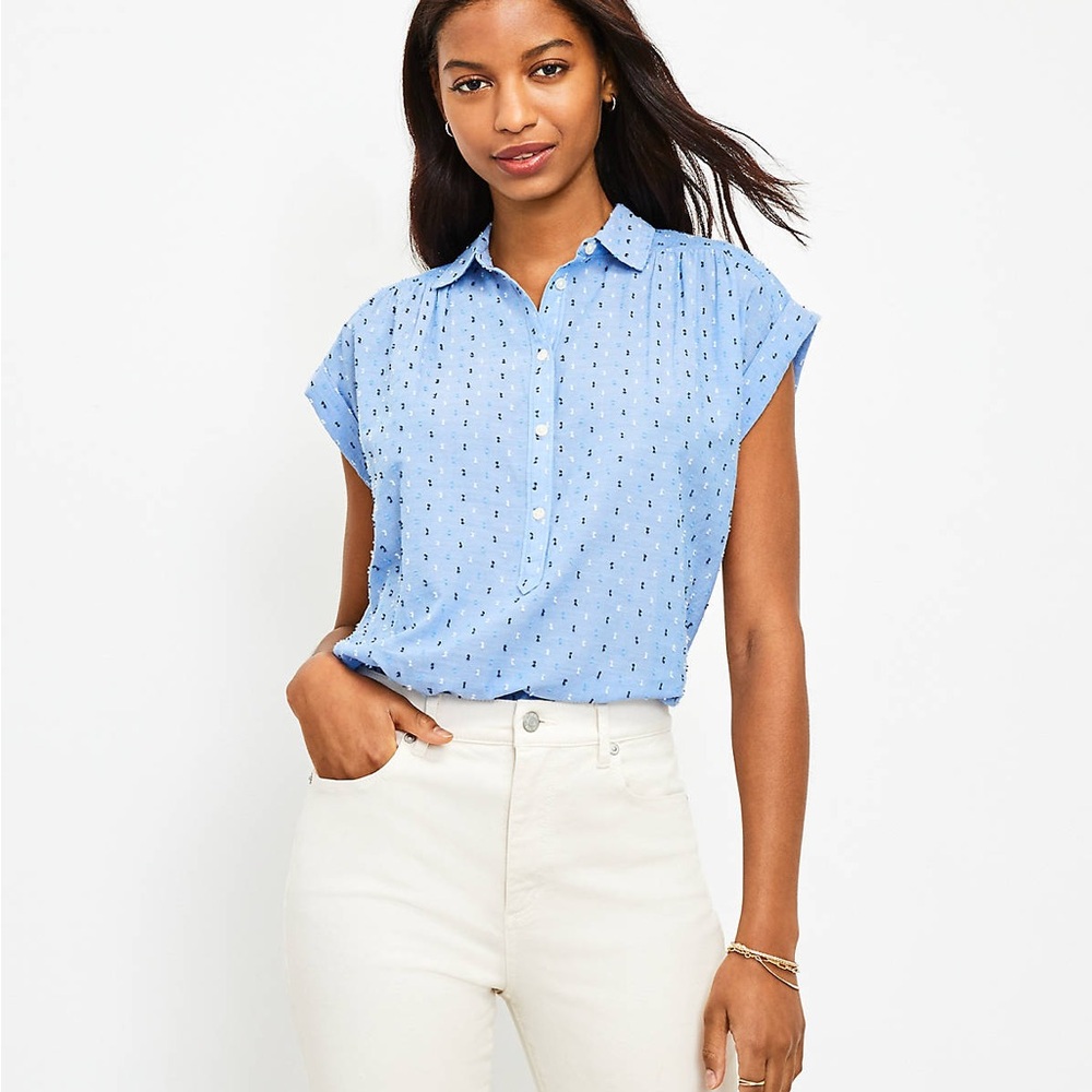 LOFT Blue Cap Sleeve Button Down Shirt